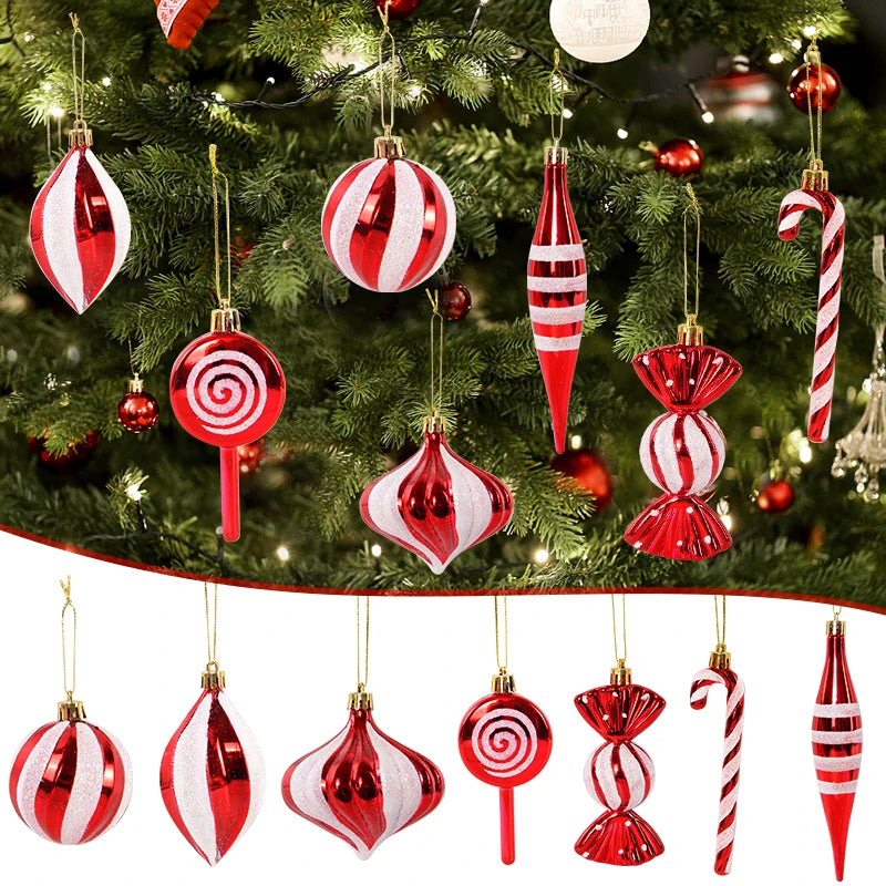 14pcs/box Christmas Ball Ornaments Red Candy Cane Xmas Tree Hanging Pendants Navidad New Year Home Decorations 2024 Natal Gift