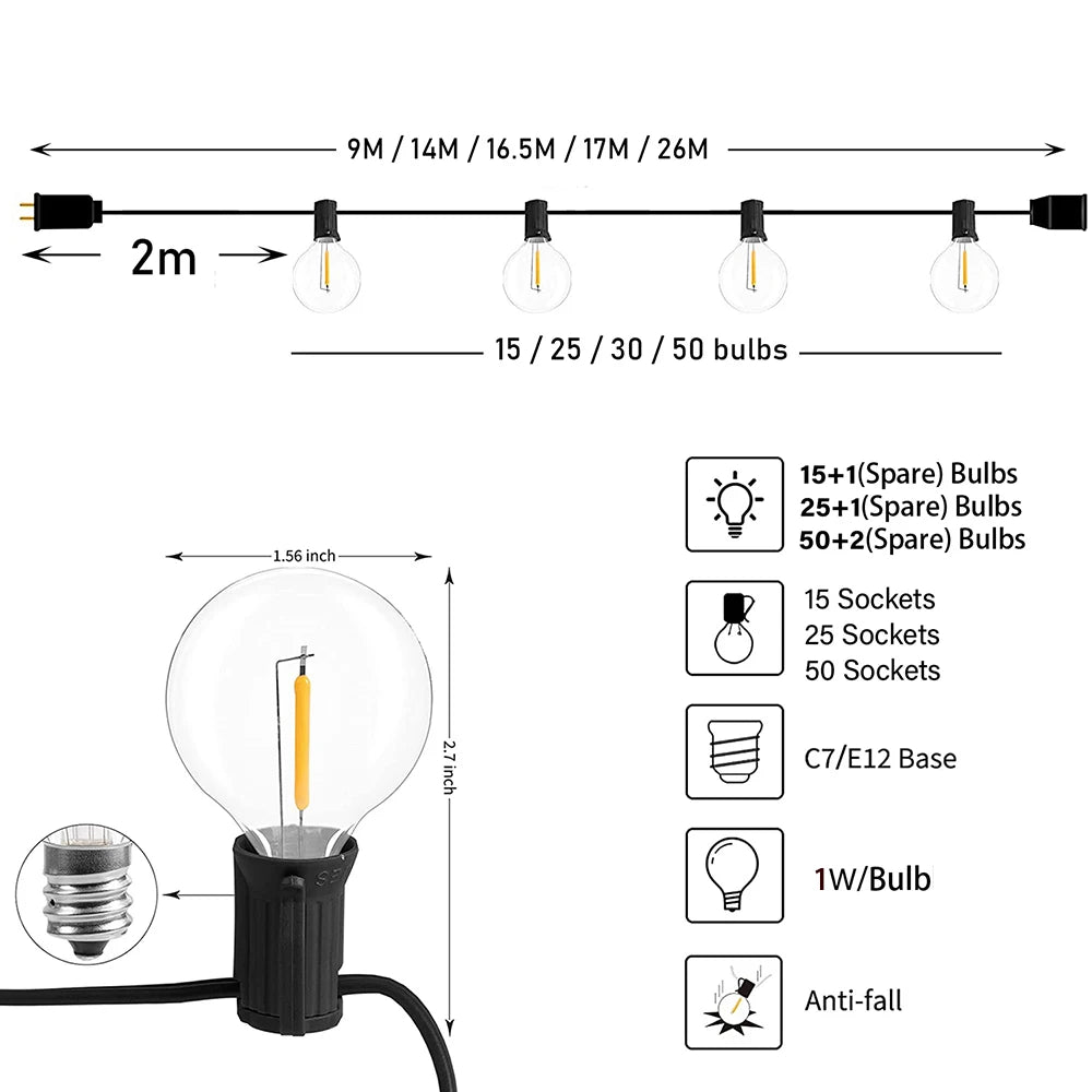 Festoon G40 LED Globe String Fairy Lights Outdoor Dimmable For Christmas Party Garden Decor Garland Lamp Street Patio Backyard