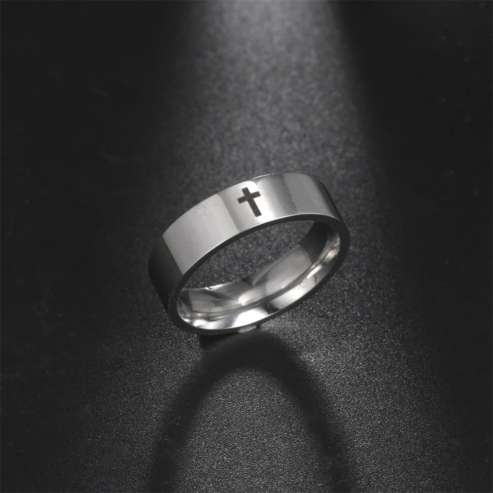 EUEAVAN Hip Hop Cross Couple Rings Women Men Stainless Steel 6mm/8mm Religious Christian Finger Ring Punk Party Jewelry Gifts