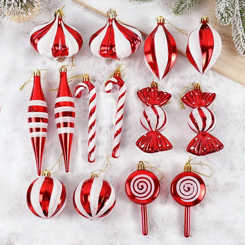 14pcs/box Christmas Ball Ornaments Red Candy Cane Xmas Tree Hanging Pendants Navidad New Year Home Decorations 2024 Natal Gift