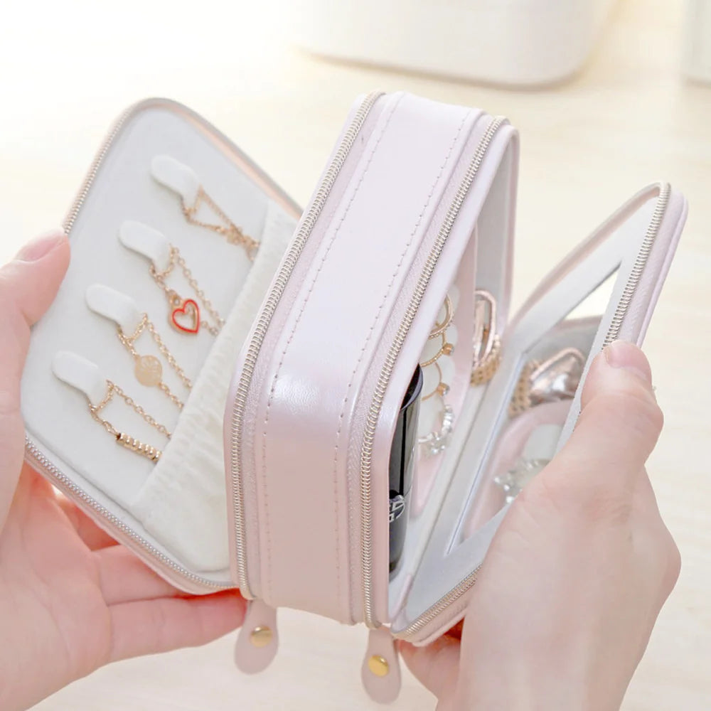 Double Zipper Jewelry Portable Storage Box Ring Earrings Necklace Jewelry Box Pu Leather Lipstick Makeup Box