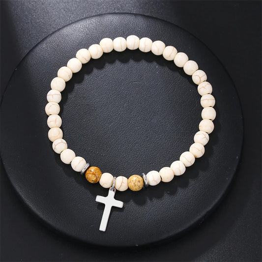 Men Bracelet Silver Color Cross Braslet for Hombre Natural Stone Braclet Homme Beaded Brazalete Pulseira