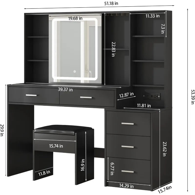 Vanity Desk with Mirror and Lights, Black Vanity Table with 3 Color Lighting, Makeup Vanity Desk with Charging Station