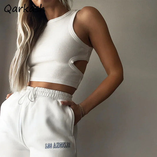 Crop Tanks Women New Summer Sporty Hollow Out Sleeveless Tops Camis Solid Sexy Fashion Casual Slim Hot Girls European Popular