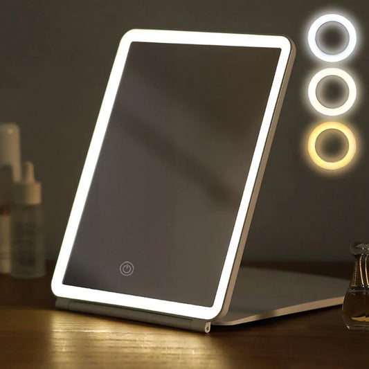 Foldable Makeup Mirror Touch Screen Makeup Mirror 3 Colors Light Modes Cosmetic Mirrors USB Rechargeable Folding LED Mirror