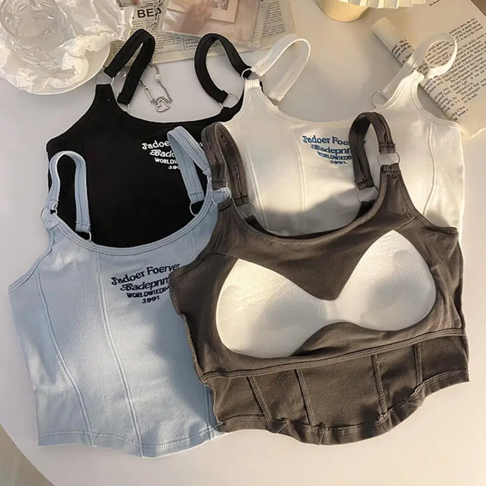 Women Summer Camisole Padded Letter Embroidery Backless Top Sleeveless Short Dating Club Paty Beach Crop Top Lady Vest Bra