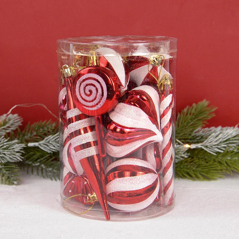 14pcs/box Christmas Ball Ornaments Red Candy Cane Xmas Tree Hanging Pendants Navidad New Year Home Decorations 2024 Natal Gift