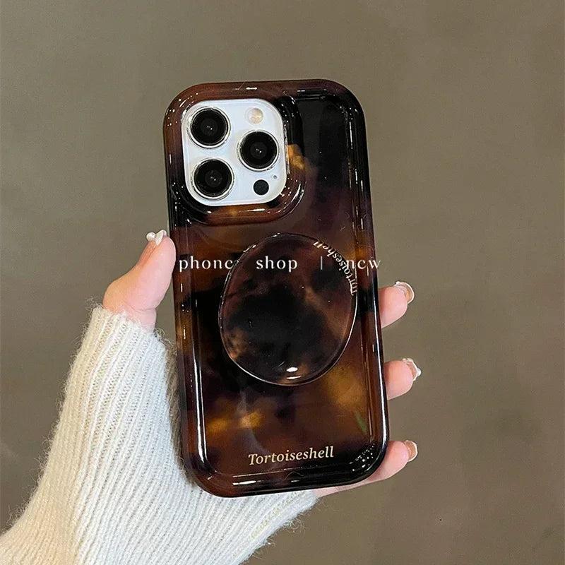 Luxury Amber Tortoiseshell Holder Phone Case For iphone 15 14 12 13 Pro Max 11 INS Korea Girl Soft Cover 2024 New Stylish Shell