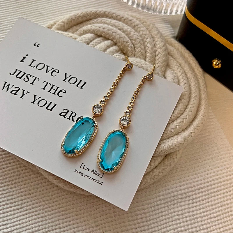 Huitan Silver Color/Gold Color Sky Blue CZ Drop Earrings Women Temperament Lady's Accessories Daily Wear Party Statement Jewelry