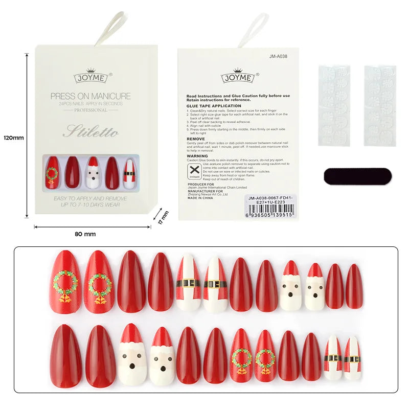 24PCS 3D Christmas False Nail Tips Christmas Snow Elk Tree Fake Nails Reusable Stick on Nails Press on Full Cover DIY Manicure