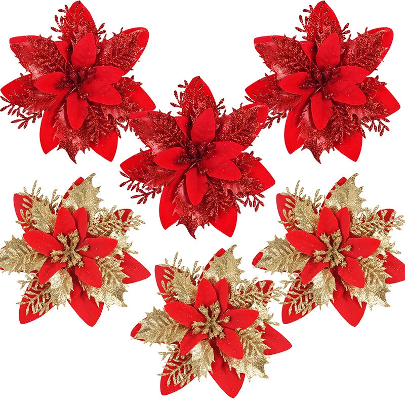 3pcs 14cm Christmas Flowers Glitter Red Gold Flower Head Xmas Tree Ornament Christmas Decorations for Home Navidad New Year Gift