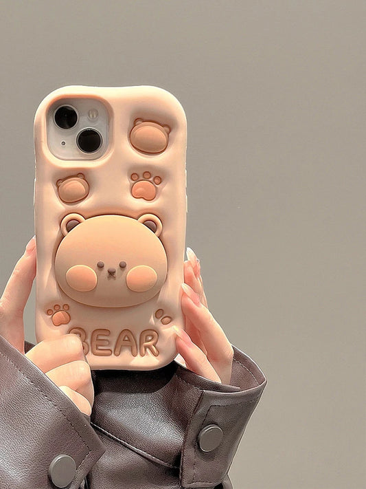 Lovely 3D Bear Hidden Holder Stand Silicone Phone Case For iPhone 11 12 13 14 15 Pro Max XS XR X 7 8 Plus Cute Girl Cover