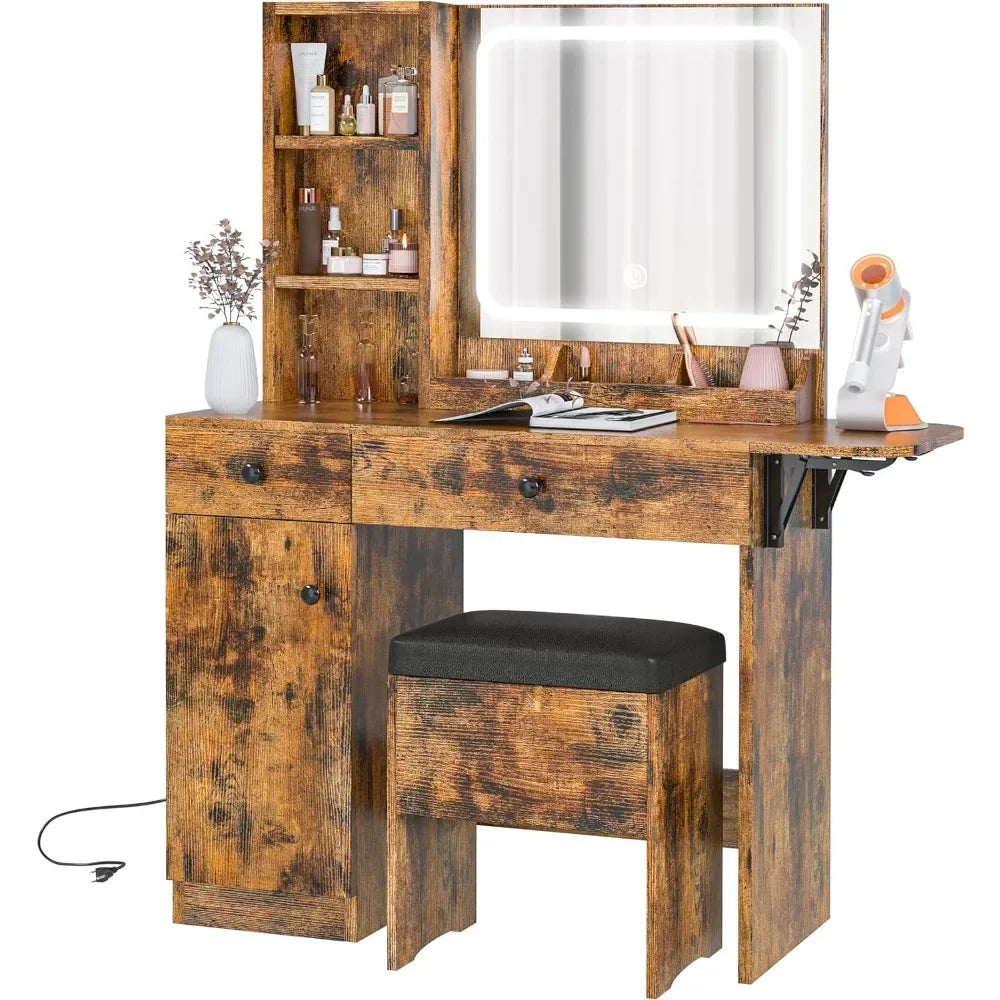 Vanity Desk With LED Lighted Mirror & Power Outlet Dressers for Bedroom Makeup Table With Drawers Free Shipping