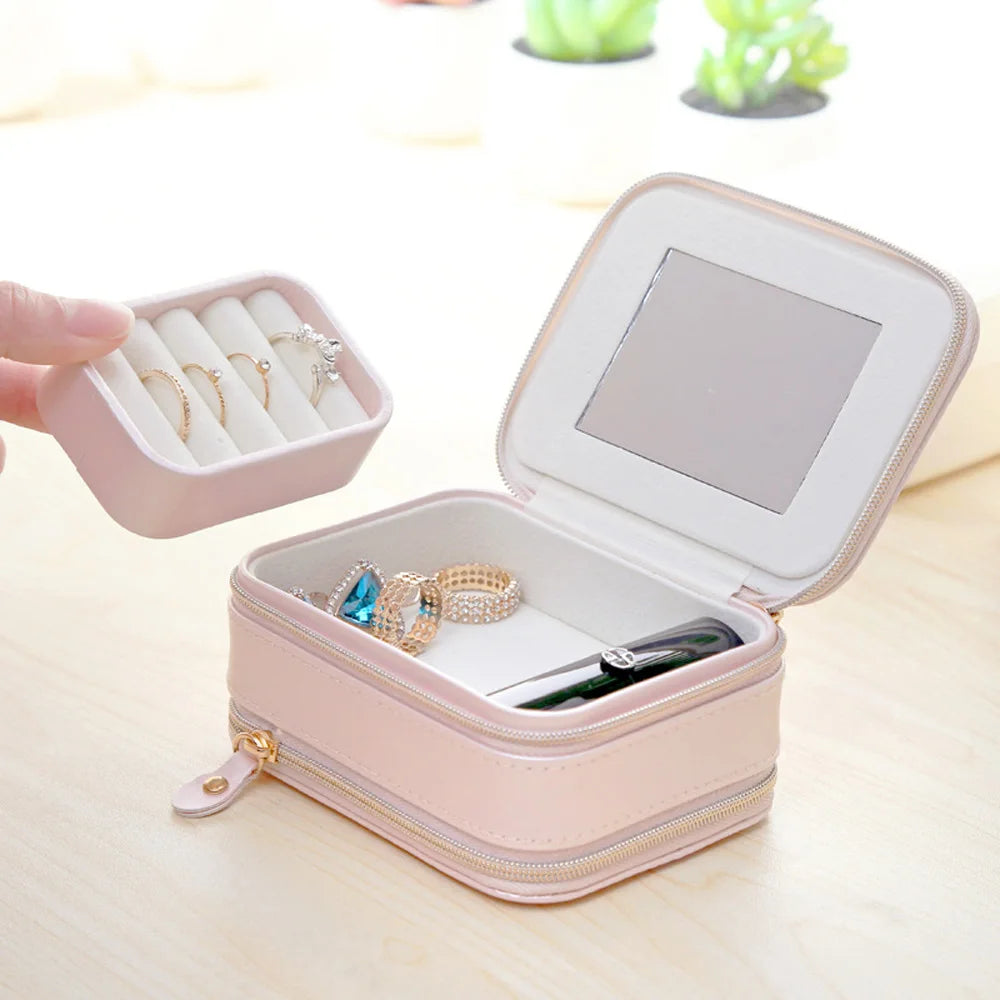 Double Zipper Jewelry Portable Storage Box Ring Earrings Necklace Jewelry Box Pu Leather Lipstick Makeup Box