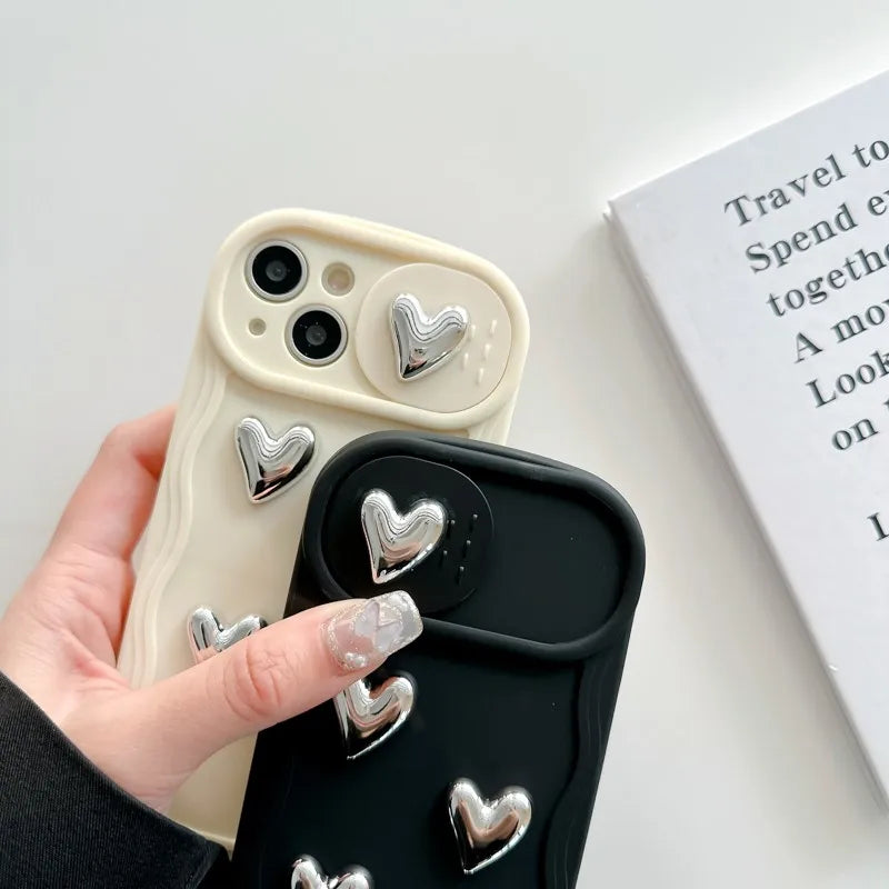 Cute Push Pull Lens Protection Silvery Heart Girl Phone Cover Case For Iphone 15 14 13 12 11 Pro Max Anti-fall Soft Coque Fundas