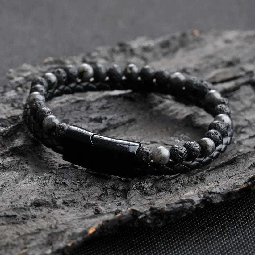 Vintage Men Lava Stone Bracelet Rope Double Leather Beaded Braclet Volcanic Stone Bangles Chain Gift DIY Fashion Jewelry