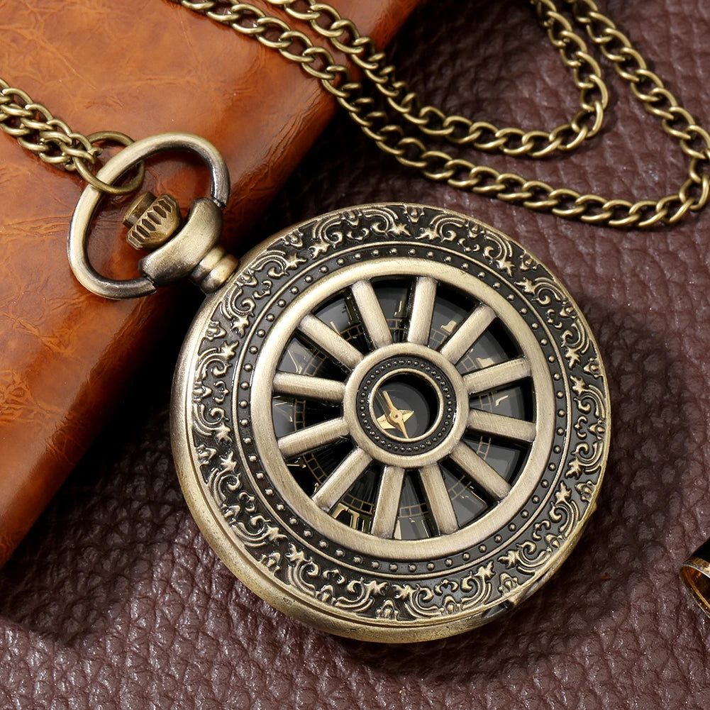 Bronze Hollow Hub Half Hunter Quartz Necklace Watch for Men Women Roman/Arabic Numerals Dial Pendant Sweater Chain Pocket Clock