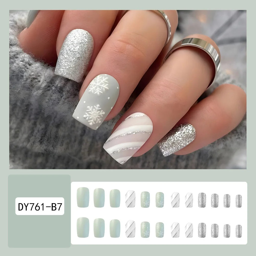 3D fake nails accessories Short Square tips Christmas snow flakes with glitters faux ongles press on acrylic false nail supplies