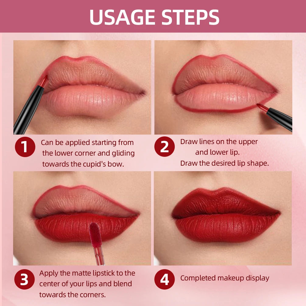 6 Colors Double-end Lip Gloss Waterproof Lipstick Pencil Long Lasting Sexy Red Lipgloss Beauty Matte Lip Liner Pen Lips Makeup