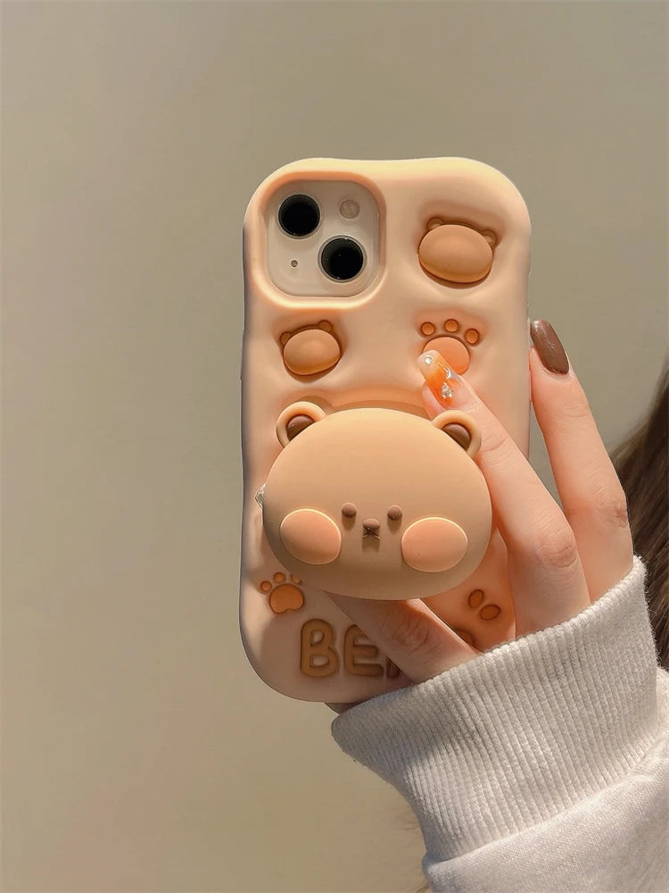 Lovely 3D Bear Hidden Holder Stand Silicone Phone Case For iPhone 11 12 13 14 15 Pro Max XS XR X 7 8 Plus Cute Girl Cover