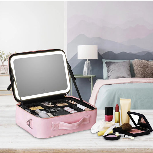 LED Lighted Cosmetic Bag with Mirror Women's Makeup Bag Waterproof PU Leather Large Capacity Portable Travel Makeup Storage Bags