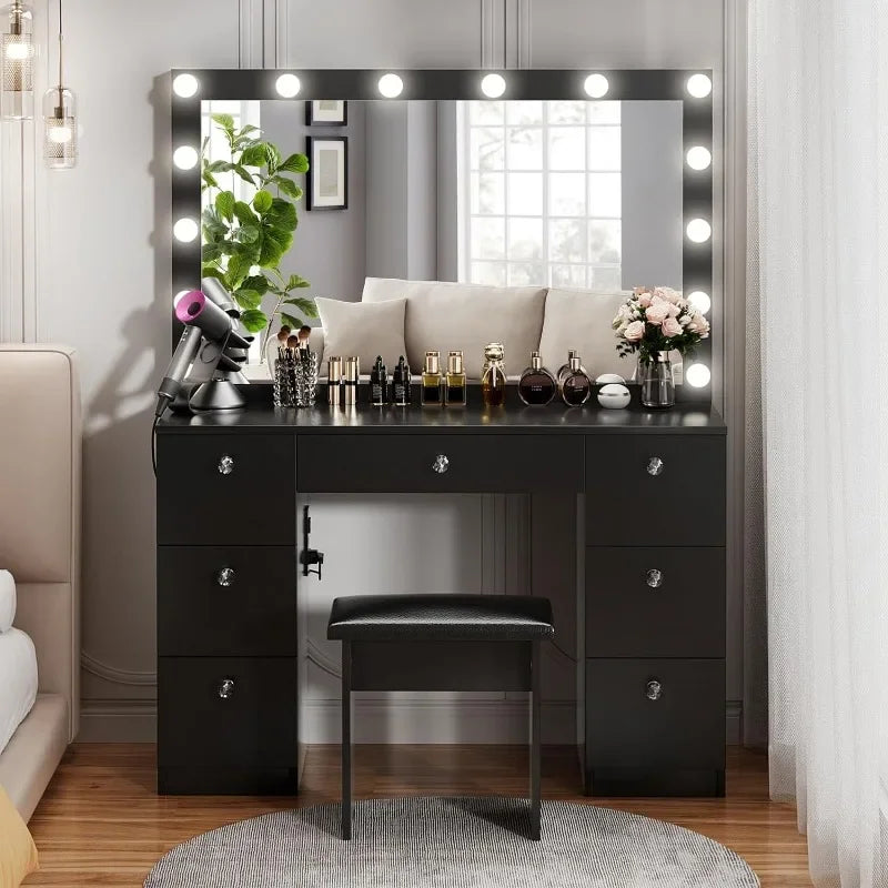 44" Vanity with Lighted Mirror - Makeup Vanity Desk with Power Outlet and 7 Drawers 3 Color Lighting Modes Adjustable Brightness