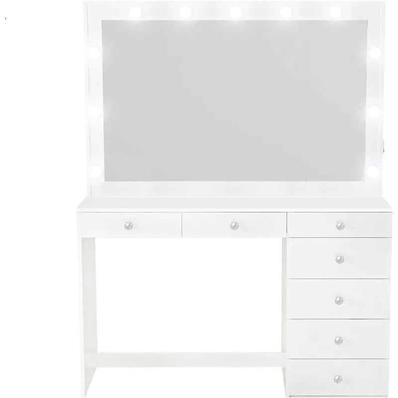 Diana Large Vanity Makeup Desk with Vanity Mirror, Built-in Lights, 7 Drawers, Crystal Ball Knobs, Power Outlet, Makeup Desk