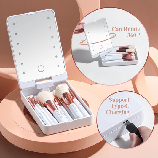 Pocket mirror folding makeup mirror with makeup brush set led touch portable one-face storage box makeup mirro  Gift