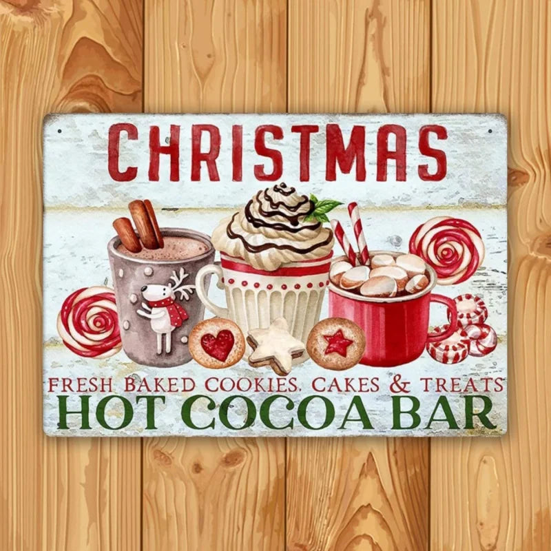 Farmhouse Christmas decoration hanging wooden wall sign (Christmas hot cocoa bar) retro poster 30x20cm iron painting home couple