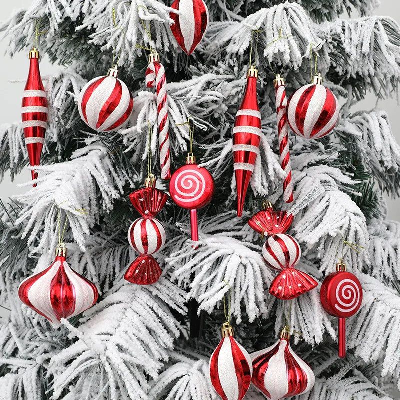 14pcs/box Christmas Ball Ornaments Red Candy Cane Xmas Tree Hanging Pendants Navidad New Year Home Decorations 2024 Natal Gift