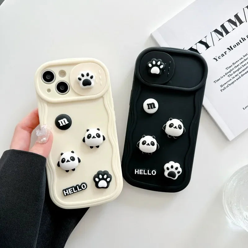 Cute Animal Panda Footprint Sliding Window Protection Cover Girl Phone Cover Case For Iphone 15 14 13 12 11 Pro Max Coque Fundas