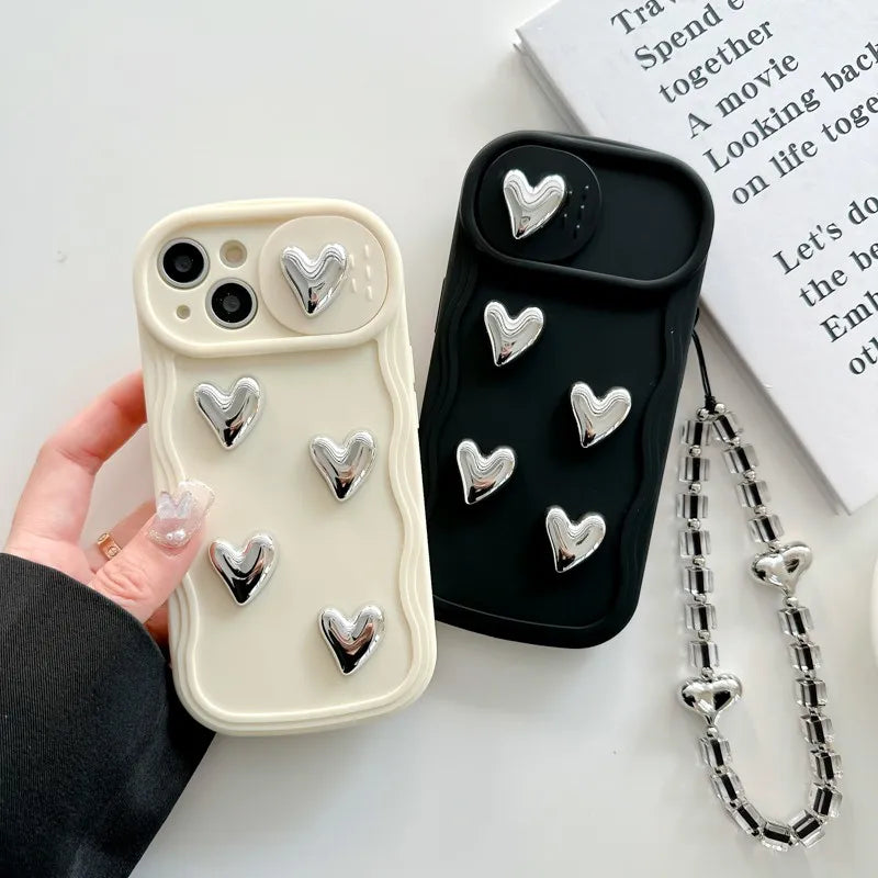 Cute Push Pull Lens Protection Silvery Heart Girl Phone Cover Case For Iphone 15 14 13 12 11 Pro Max Anti-fall Soft Coque Fundas