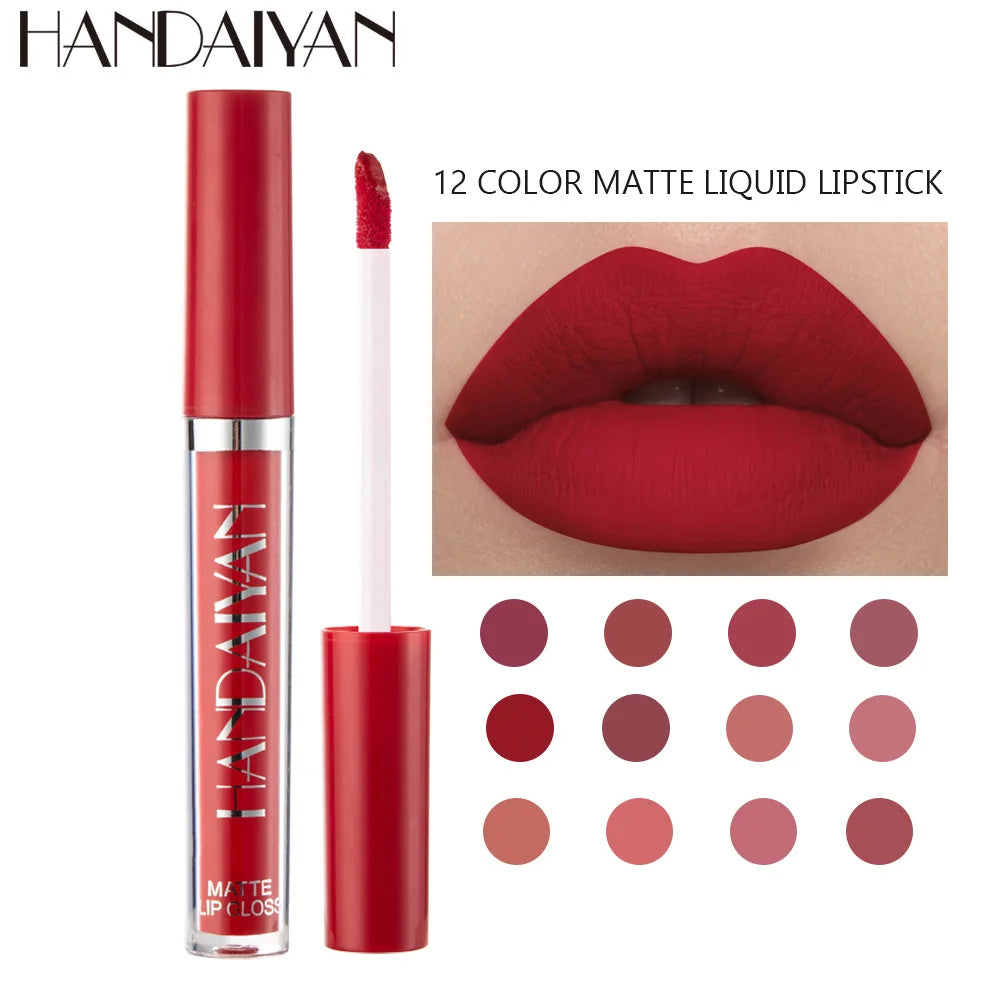 Handaiyan 12 Colors Matt Lip Gloss Longlasting Red Nude Lipstick Liquid matte Waterproof Lipgloss Makeup