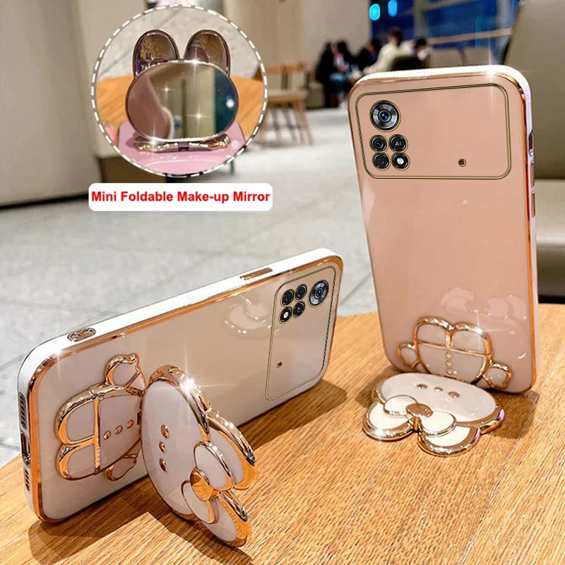 PocoX4Pro Makeup Mirror Cute Rabbit Phone Holder Case For Xiaomi Mi Poco X4 M4 Pro 4G 5G PocoM4Pro Girl Woman Used Back Cover