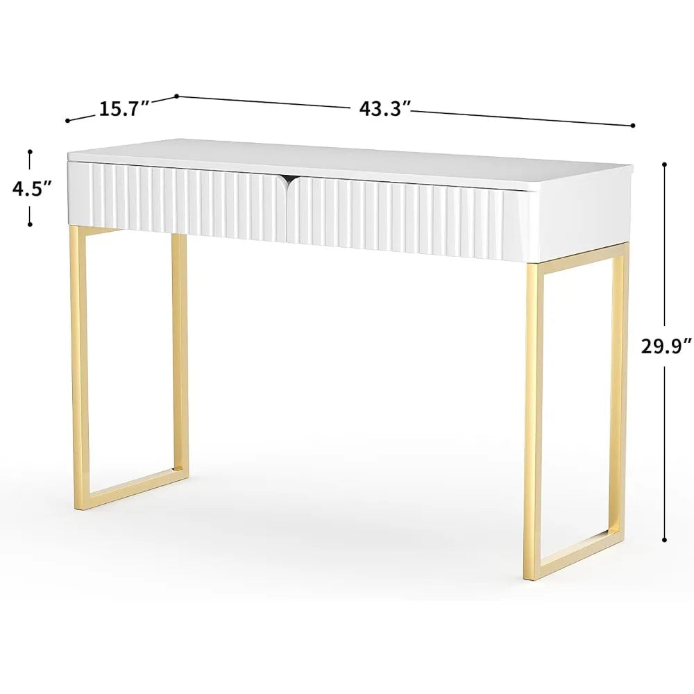 White Vanity Desk with 2 Drawers, Gold and White Desk,Home Office Desk Modern Makeup Vanity Table,  (Golden Legs)