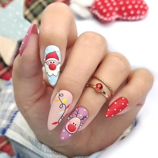 3D fake nails for Christmas French almond tips Cartoon Santa claus snow flake deers faux ongles press on acrylic false nail set