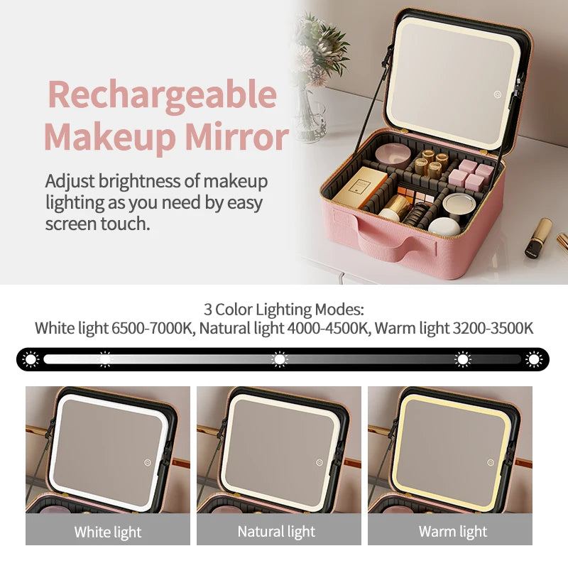 Pu Travel Eva Partitions Storage Cosmetic Case Light Up Box Vanity Organizer Portable Makeup Bag Mirror With Led Light