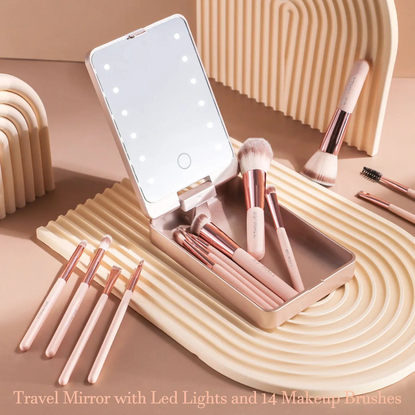 Pocket mirror folding makeup mirror with makeup brush set led touch portable one-face storage box makeup mirro  Gift