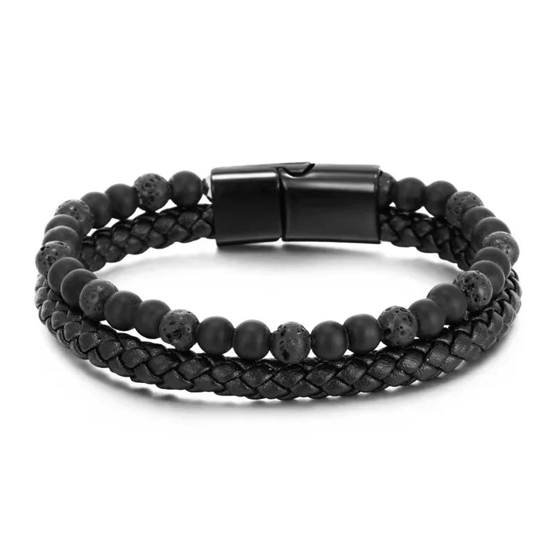 Vintage Men Lava Stone Bracelet Rope Double Leather Beaded Braclet Volcanic Stone Bangles Chain Gift DIY Fashion Jewelry