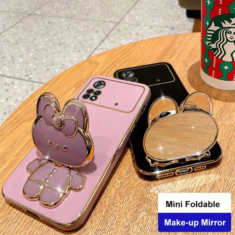 PocoX4Pro Makeup Mirror Cute Rabbit Phone Holder Case For Xiaomi Mi Poco X4 M4 Pro 4G 5G PocoM4Pro Girl Woman Used Back Cover