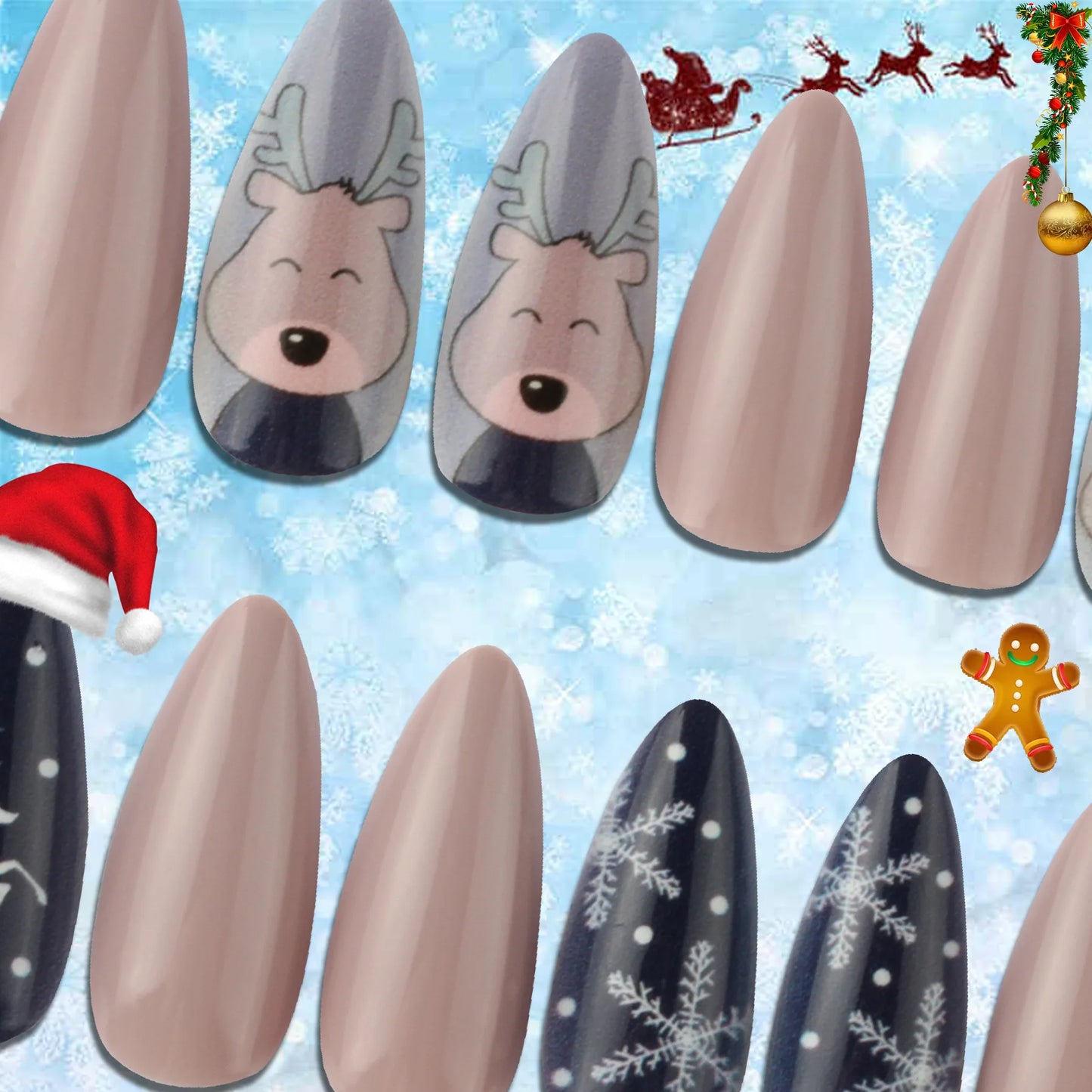 24PCS 3D Christmas False Nail Tips Christmas Snow Elk Tree Fake Nails Reusable Stick on Nails Press on Full Cover DIY Manicure