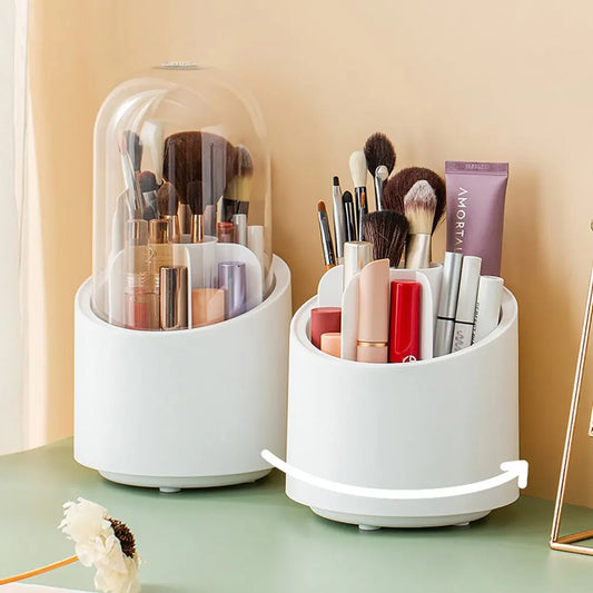 Desktop Makeup Brush Storage Bucket Cup Holder with Lid Rotating Makeup Lipstick Cosmetic Storage Box Organizer Tube Transparent