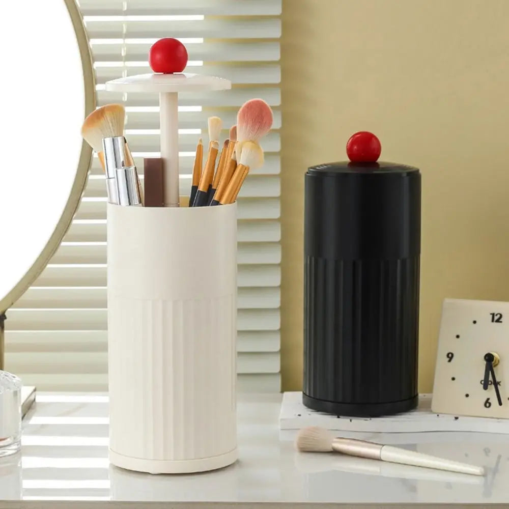 Plastic Automatic Lifting Makeup Brush Holder Press Type with Lid Lipstick Storage Box Dustproof Cosmetics Storage Box Bathroom