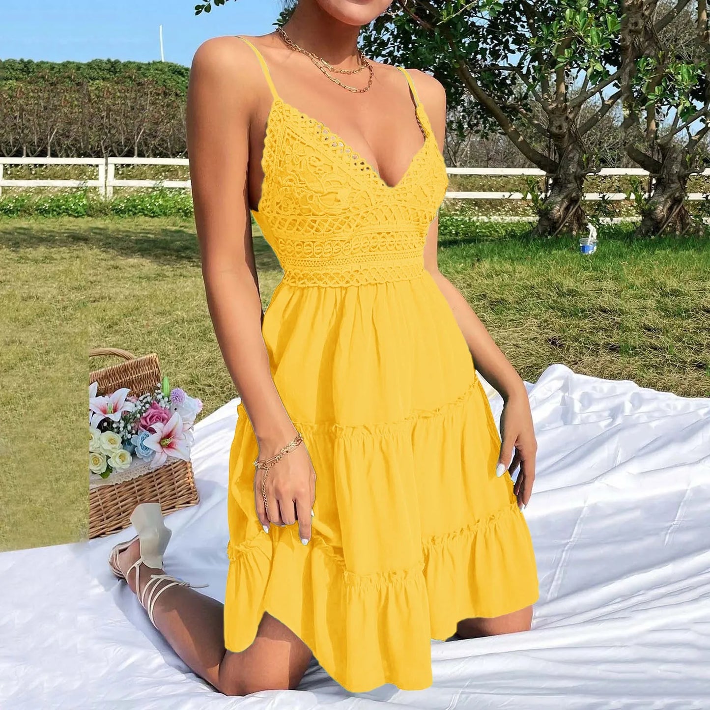 Off Shoulder Lace Stitching Sexy Mini Dress Women Summer V Neck Spaghetti Strap A-Line Dress Fashion Casual Beach Party Sundress