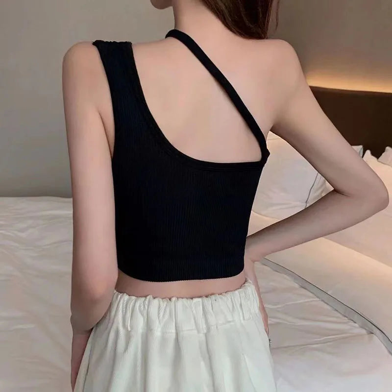 Sexy Tops for Womens Crop Top Woman Solid Color Tank Top Oblique Shoulder Sleeveless Camis Tank Tops  for Women Ladies Slim Vest