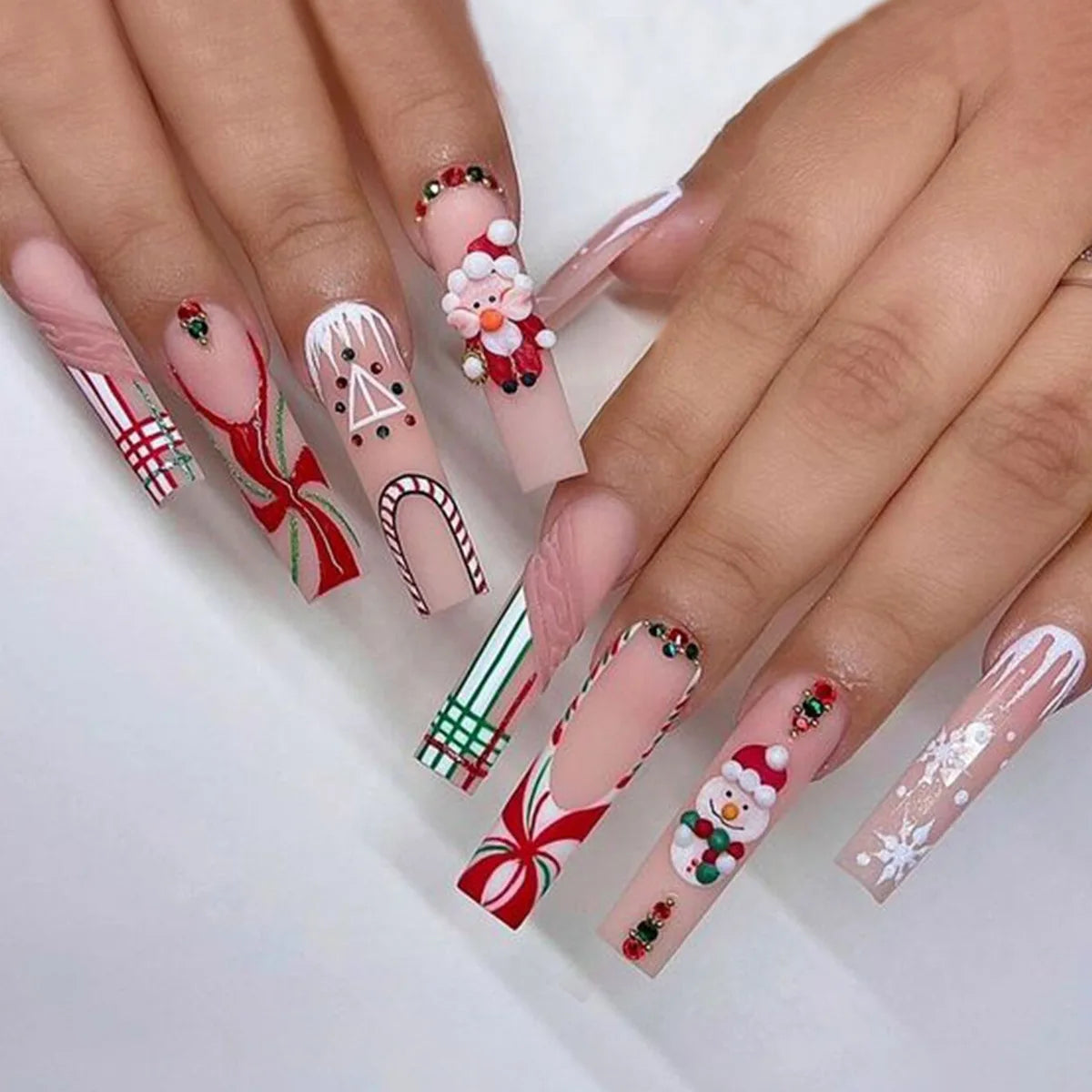 24PCS Christmas Snow Elk Tree Fake Nails Reusable Stick On Nails Press on Full Cover 3D False Nail Tips DIY Manicure Dropship