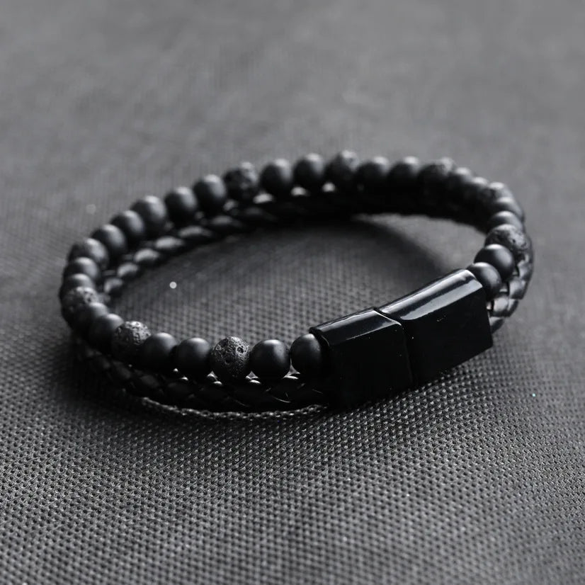 Vintage Men Lava Stone Bracelet Rope Double Leather Beaded Braclet Volcanic Stone Bangles Chain Gift DIY Fashion Jewelry