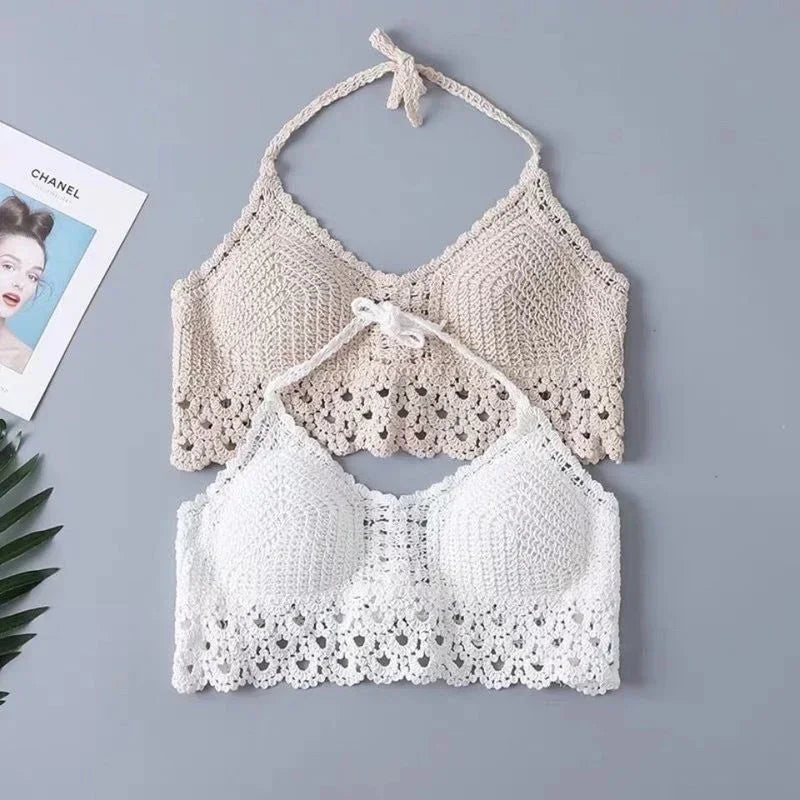 Women Summer Short Vest Sexy Hollow Out Plain White Halter Vest Strap Crop Tops Crochet Bikini Tank Tops Shirt Hot Tank Top