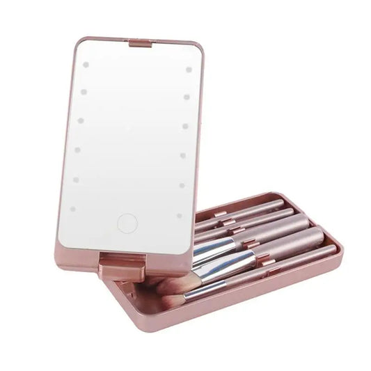 Lighted Makeup Mirror Rotatable Personal Beauty Mirror With 5 Makeup Brushes Travel Make Up Accessories Multifunctional Light Up