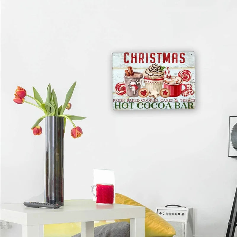 Farmhouse Christmas decoration hanging wooden wall sign (Christmas hot cocoa bar) retro poster 30x20cm iron painting home couple